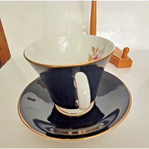 Vintage Aynsley Black Cup Set with Red Rose Flower Cup #2964 Gold Trim - Picture 9 of 11